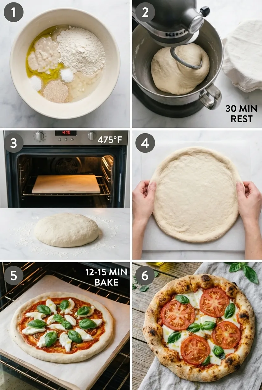A ball of sourdough discard pizza dough on a lightly floured surface next to a rolling pin.