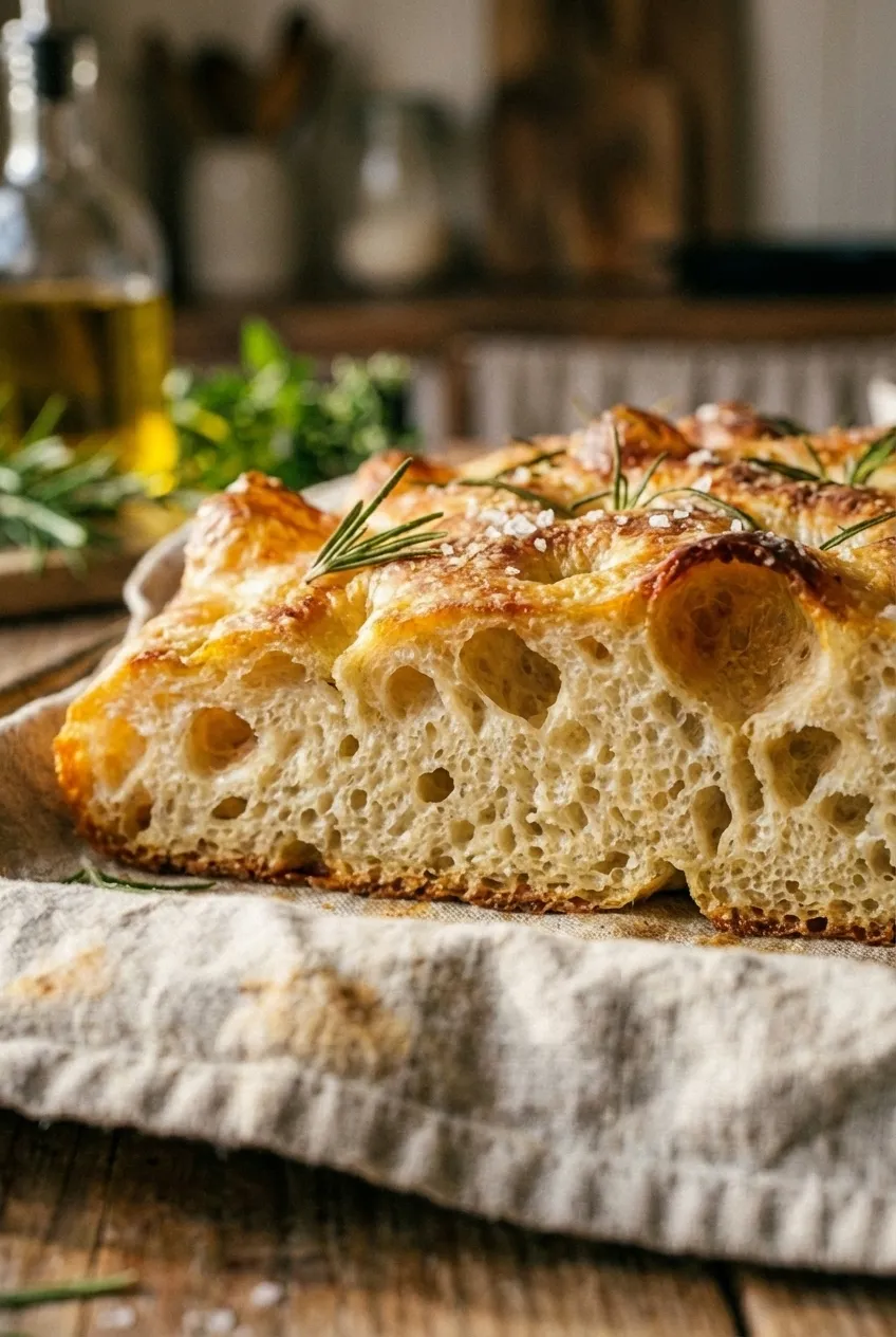 Overhead view of a golden-brown sourdough discard focaccia in a baking tray, topped with fresh rosemary and coarse sea salt.