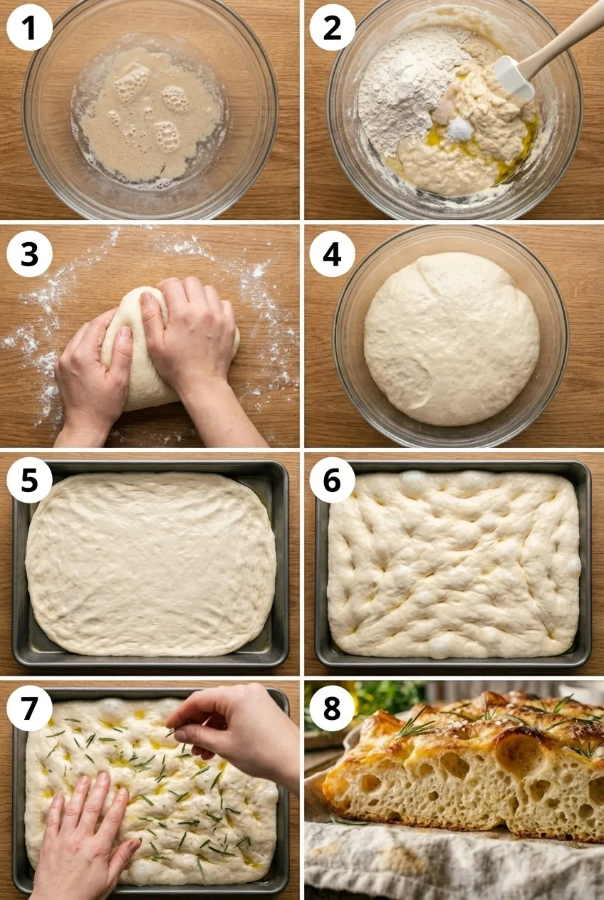 Overhead view of a golden-brown sourdough discard focaccia in a baking tray, topped with fresh rosemary and coarse sea salt.