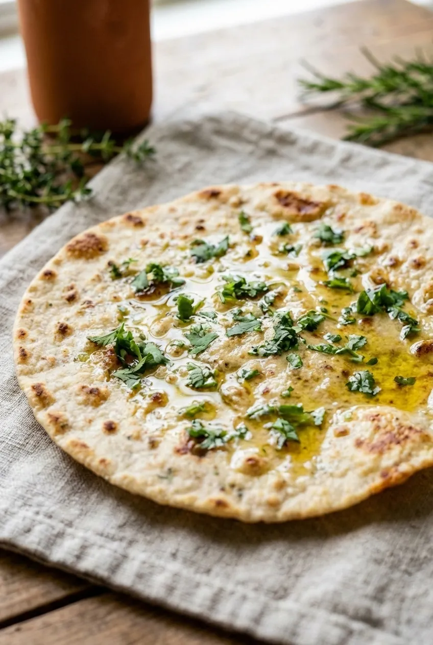 A stack of freshly cooked sourdough discard tortillas on a plate, garnished with sprigs of fresh cilantro.