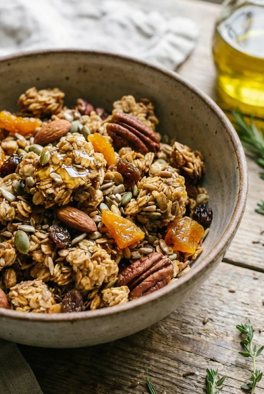 A baking sheet with freshly baked sourdough discard granola, showing golden-brown clusters of oats, nuts, and apricots.