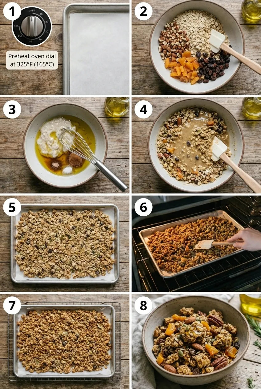 A baking sheet with freshly baked sourdough discard granola, showing golden-brown clusters of oats, nuts, and apricots.