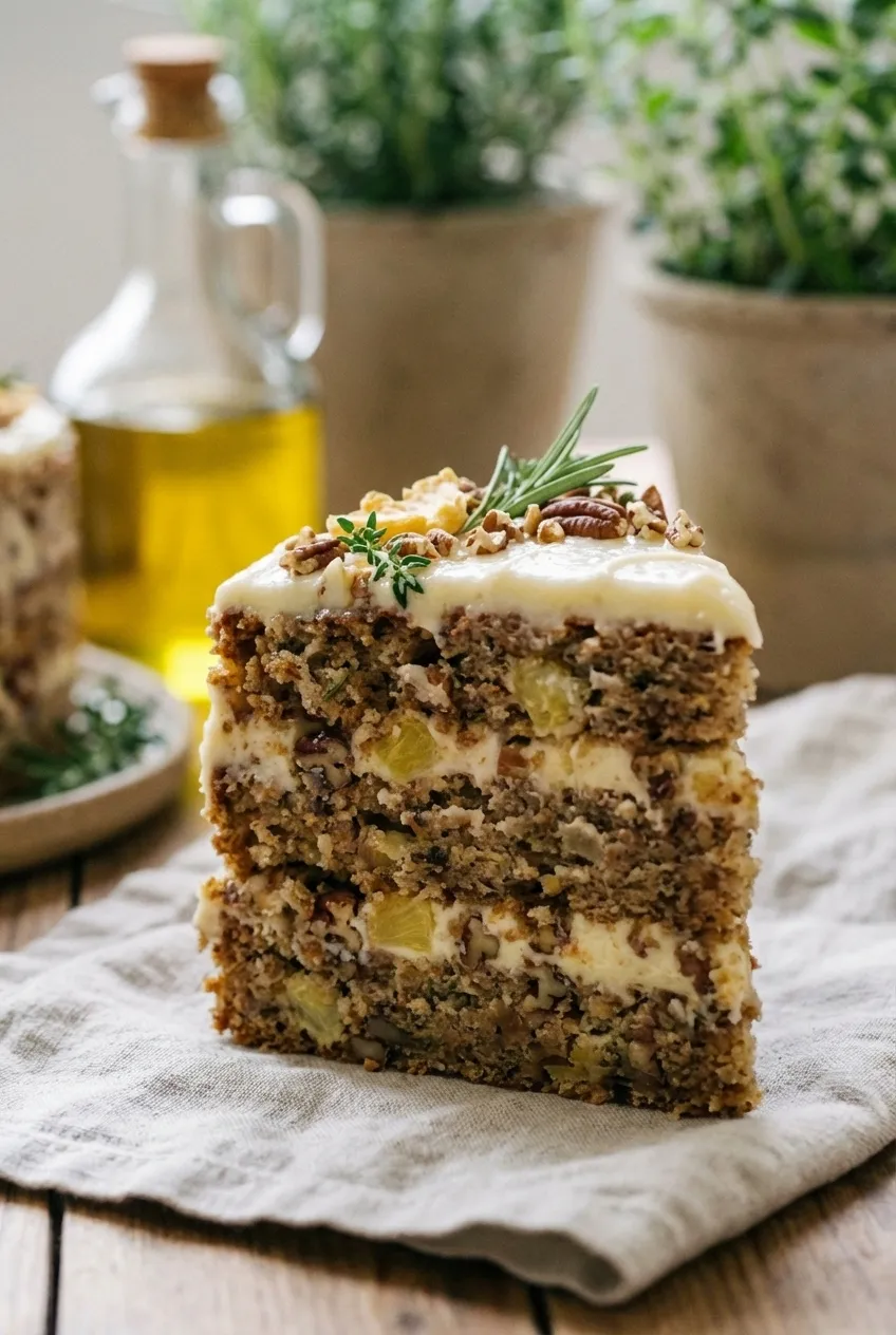 A slice of three-layer hummingbird cake with cream cheese frosting and chopped pecans on a white plate.