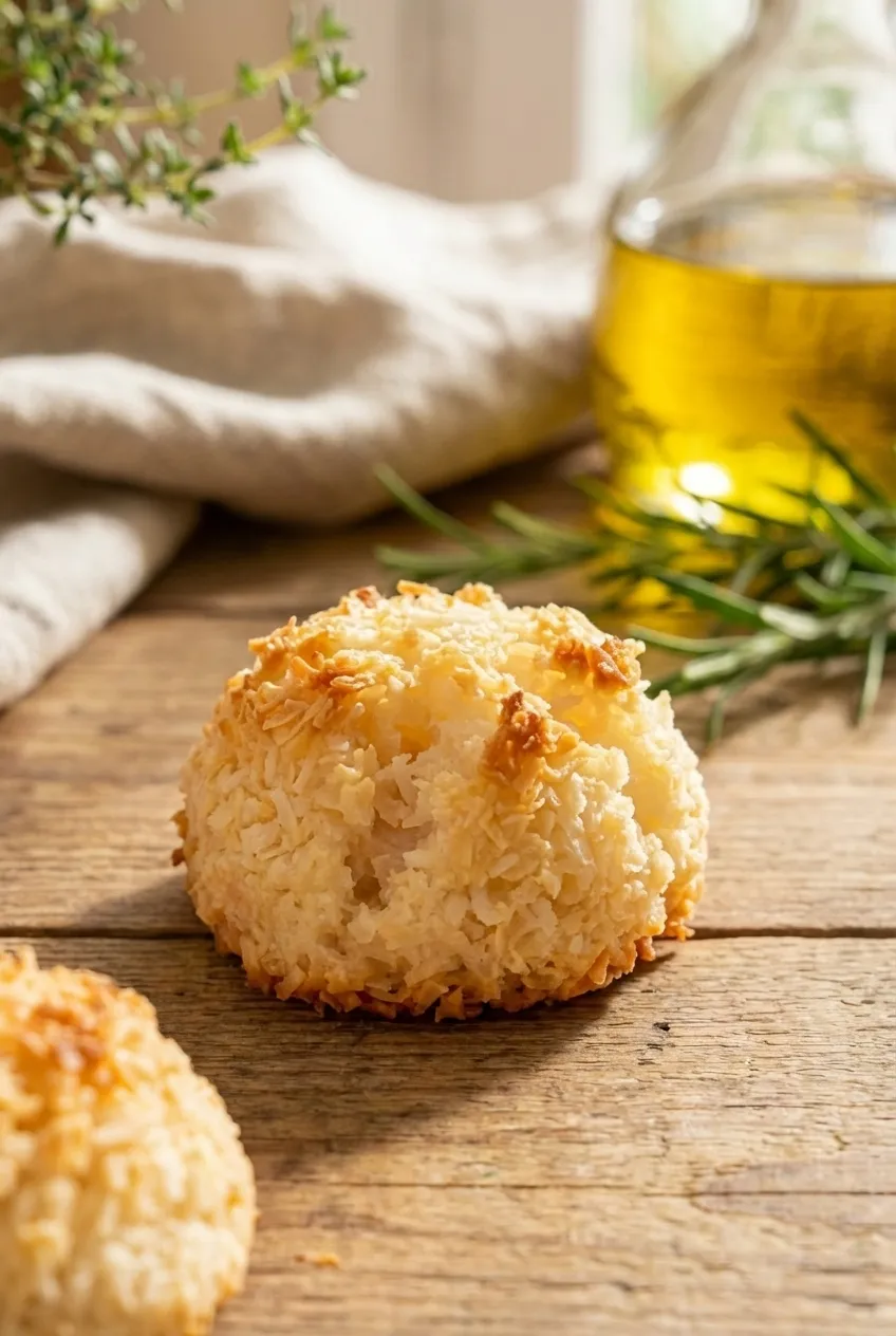 A batch of golden-brown coconut macaroons arranged on a baking sheet lined with parchment paper.