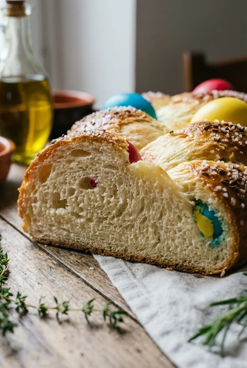 A braided ring of golden-brown Italian Easter bread with four colorful dyed eggs nestled in the dough on a baking sheet.