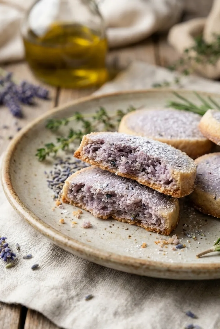 A stack of lavender shortbread cookies on a white plate, dusted with powdered sugar.