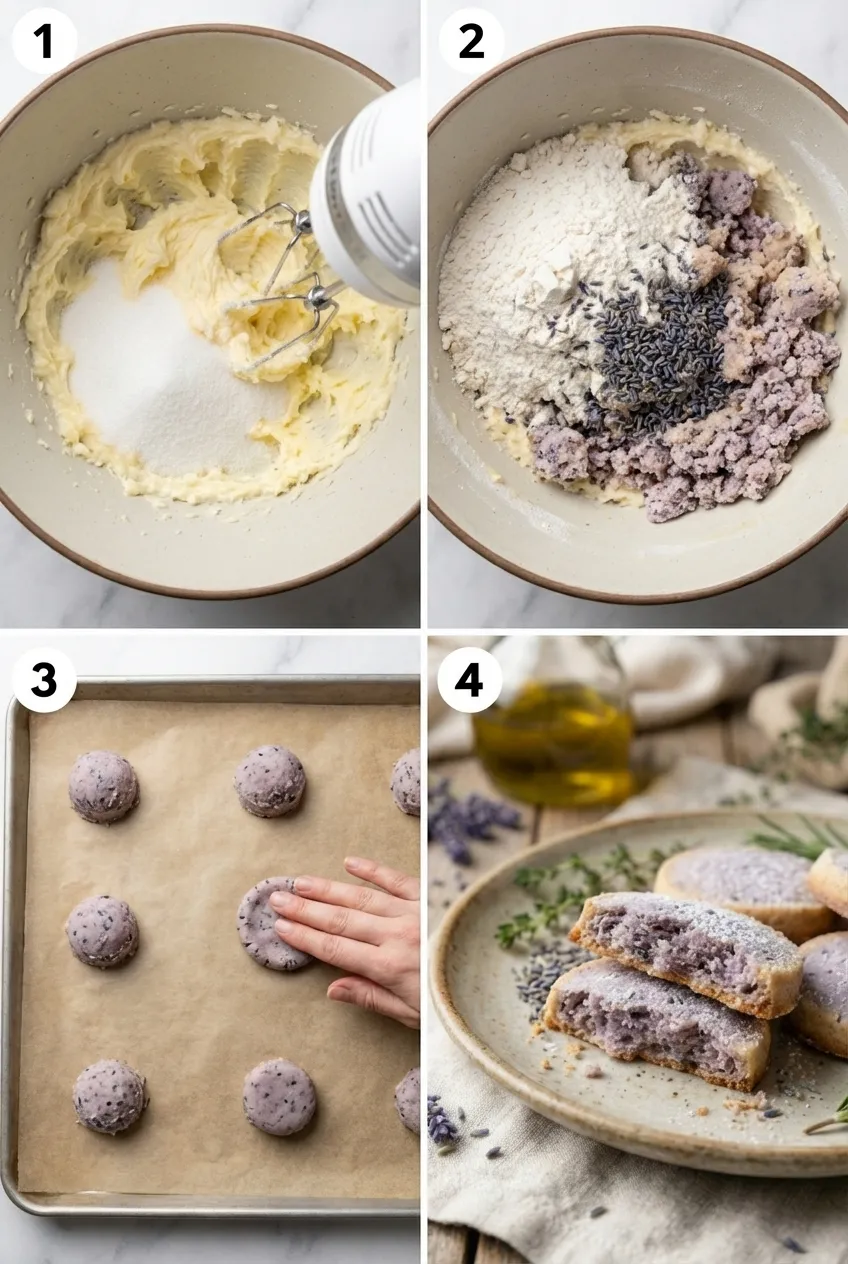A stack of lavender shortbread cookies on a white plate, dusted with powdered sugar.