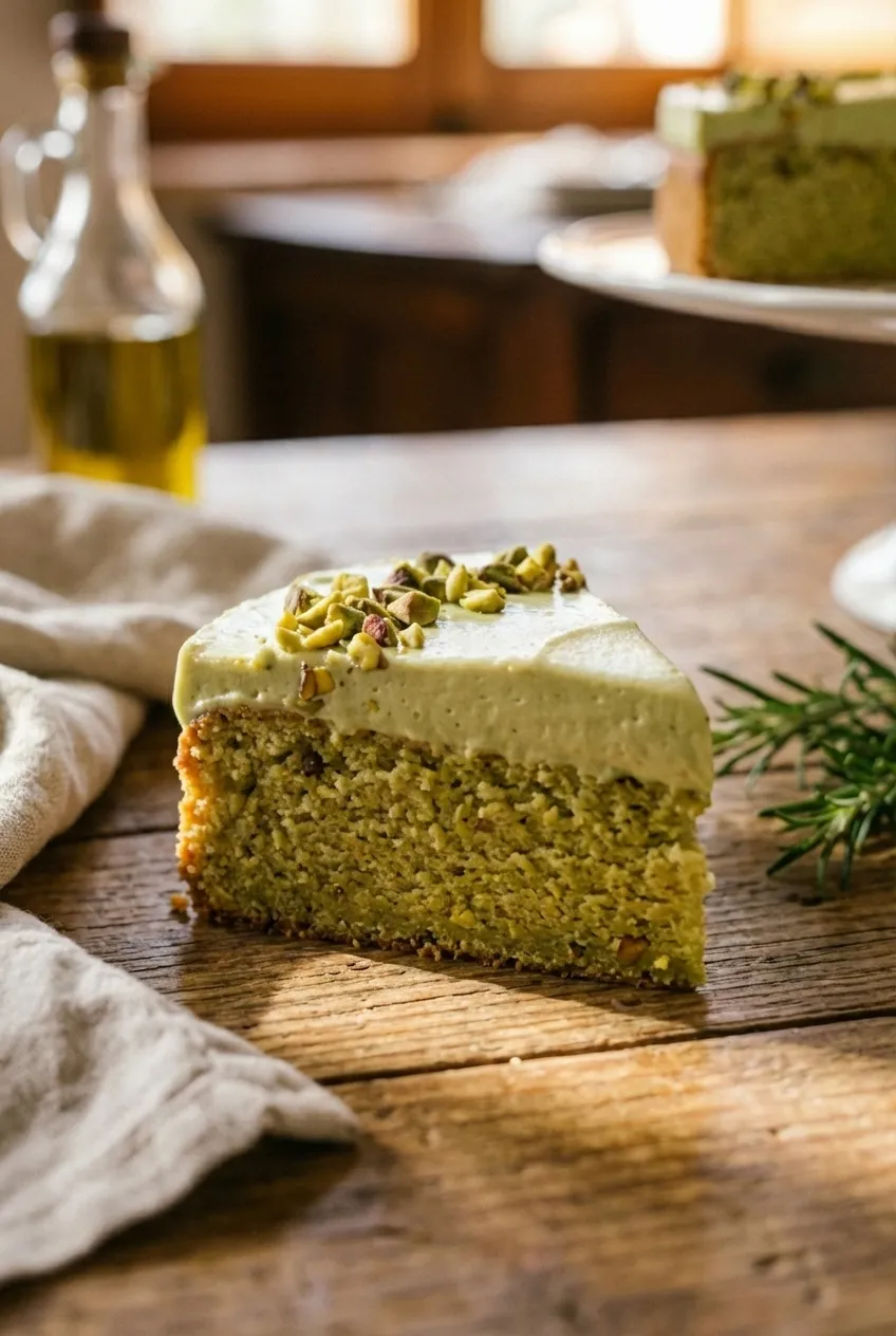 A slice of light green pistachio pudding cake on a white plate, topped with a sprinkle of chopped pistachios.