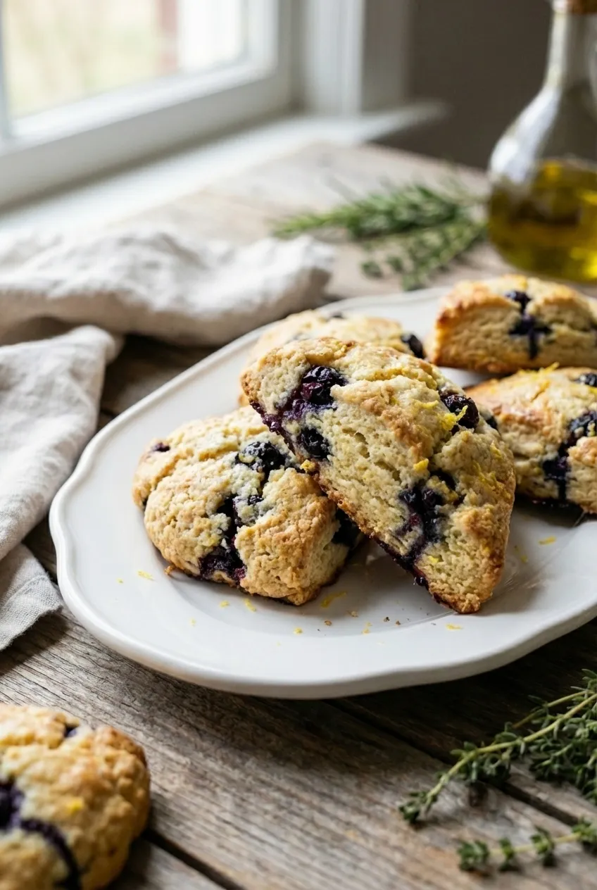 A batch of golden-brown lemon blueberry scones arranged on a wire cooling rack, with one broken open to show the fluffy interior.