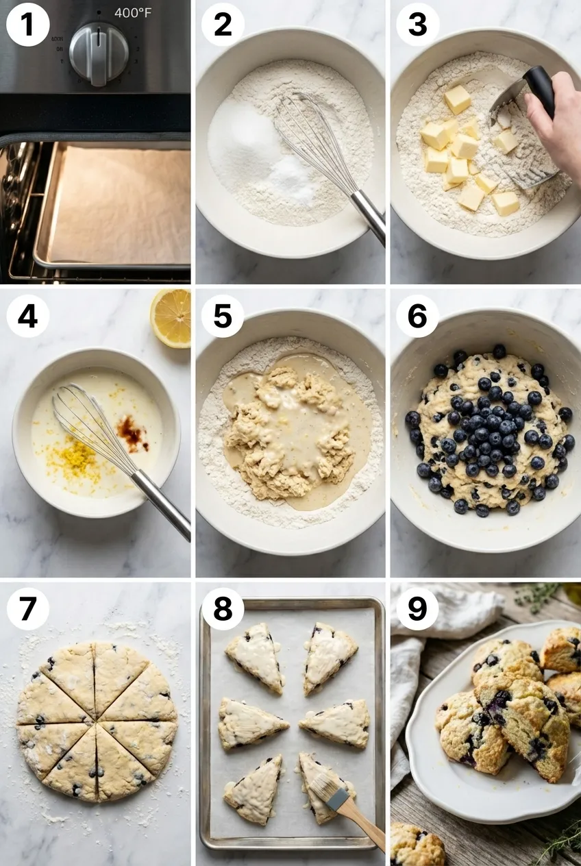 A batch of golden-brown lemon blueberry scones arranged on a wire cooling rack, with one broken open to show the fluffy interior.