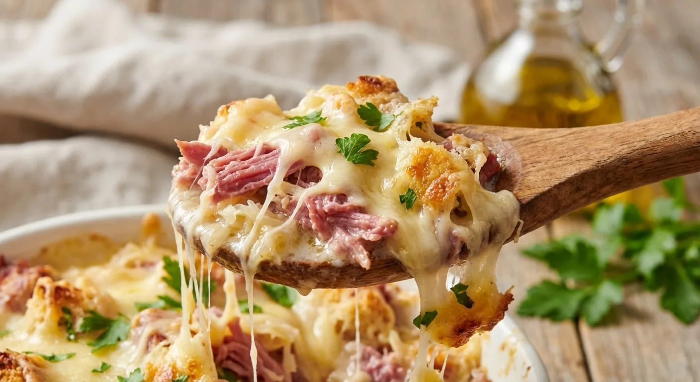 A baking dish of hot Reuben dip, with a golden-brown melted Swiss cheese top, garnished with fresh parsley.