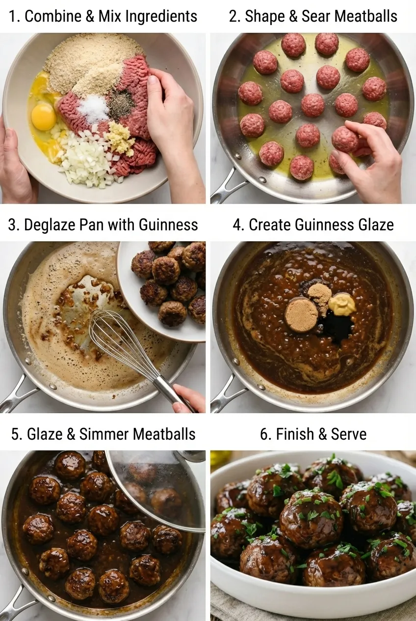 A cast iron skillet filled with Guinness glazed meatballs, with a rich dark sauce clinging to them and garnished with fresh herbs.