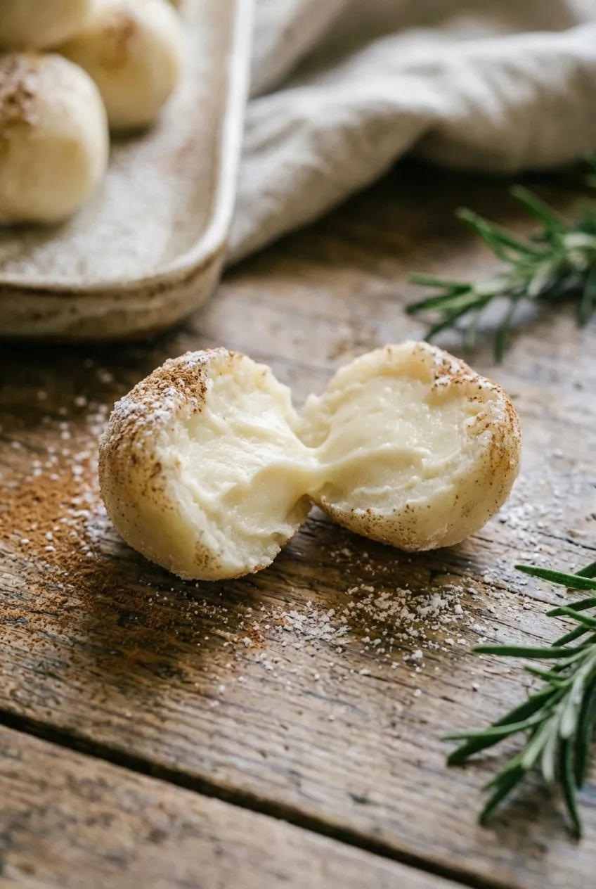 A row of small, round Irish potato candies coated in cinnamon on a white plate.