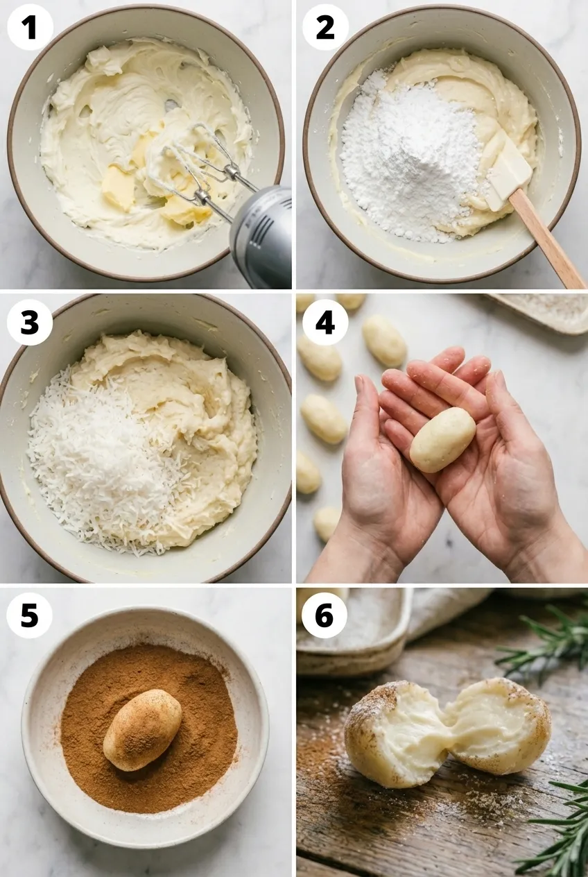 A row of small, round Irish potato candies coated in cinnamon on a white plate.