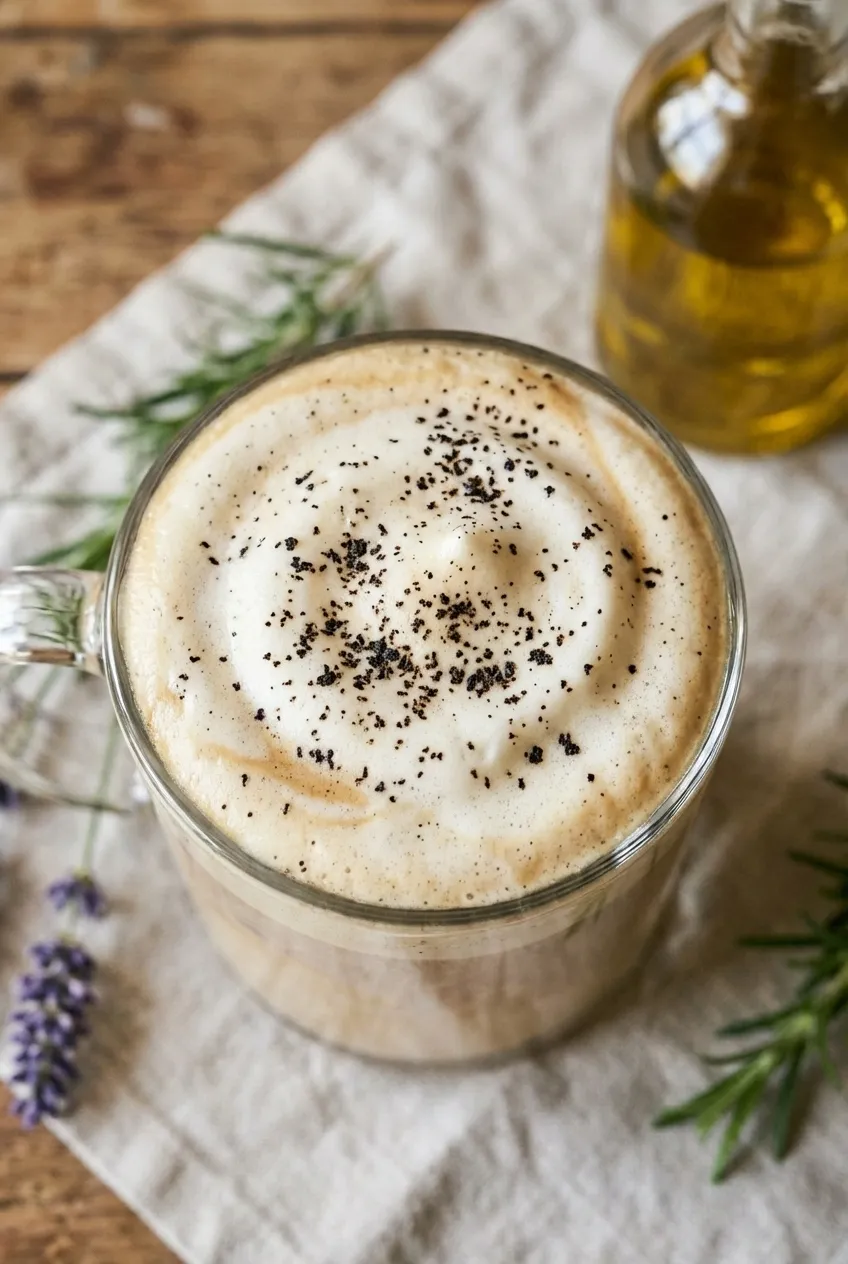An overhead view of a London Fog latte next to an Earl Grey tea bag and a small bowl of lavender.