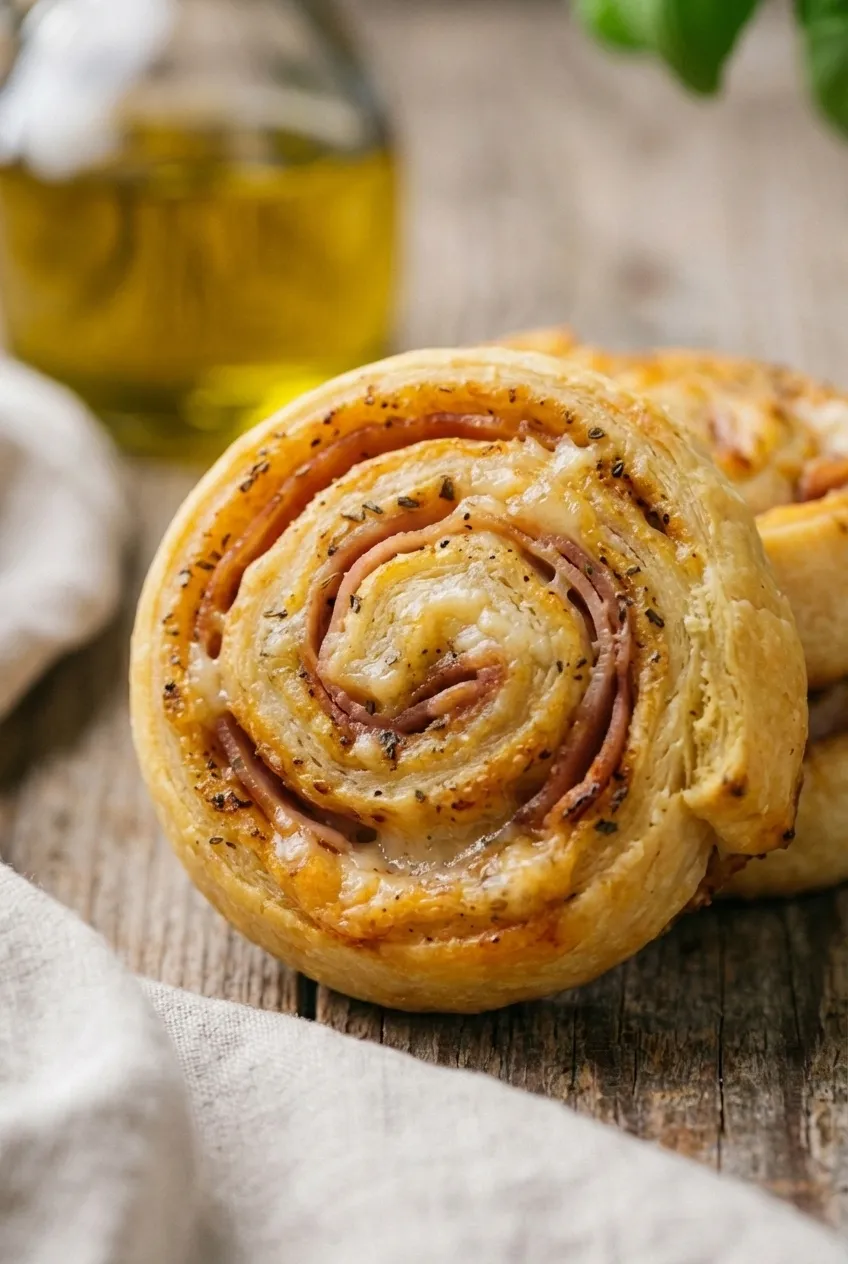 Baked turkey and cheese pinwheels arranged on a parchment-lined baking sheet, golden brown and puffed up.