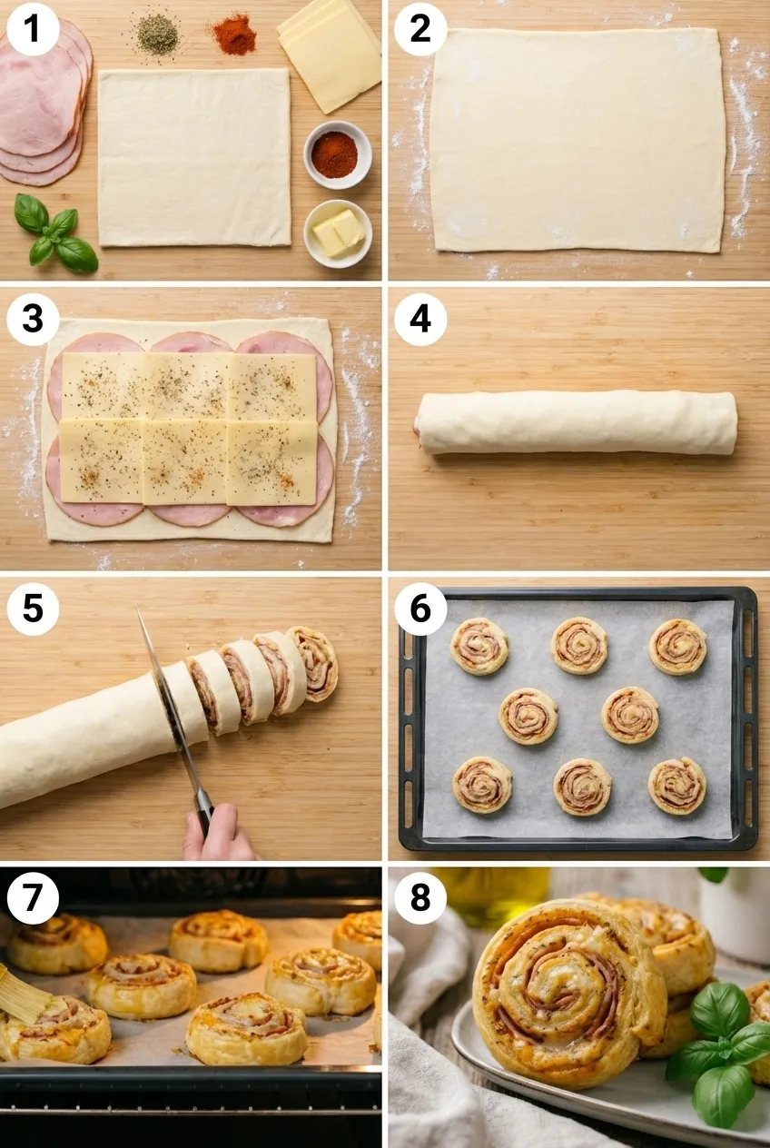 Baked turkey and cheese pinwheels arranged on a parchment-lined baking sheet, golden brown and puffed up.