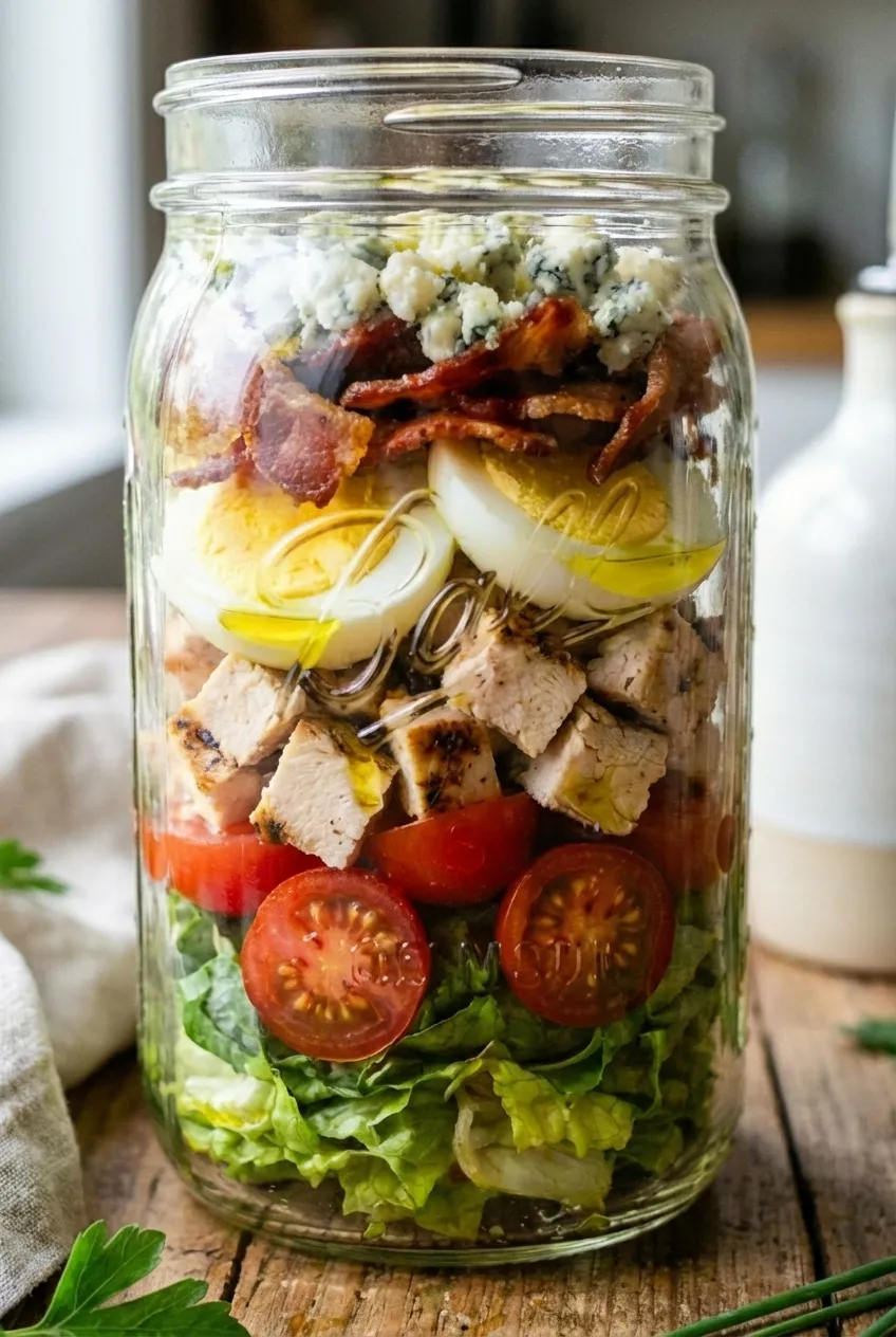 Two layered Mason Jar Cobb Salads with chicken, tomato, egg, and greens, shown side-by-side on a kitchen counter.