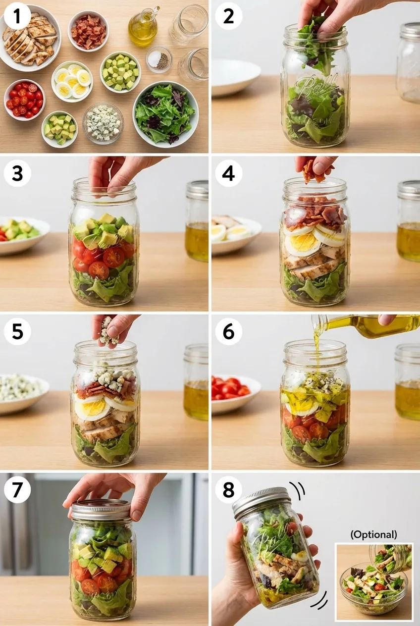 Two layered Mason Jar Cobb Salads with chicken, tomato, egg, and greens, shown side-by-side on a kitchen counter.
