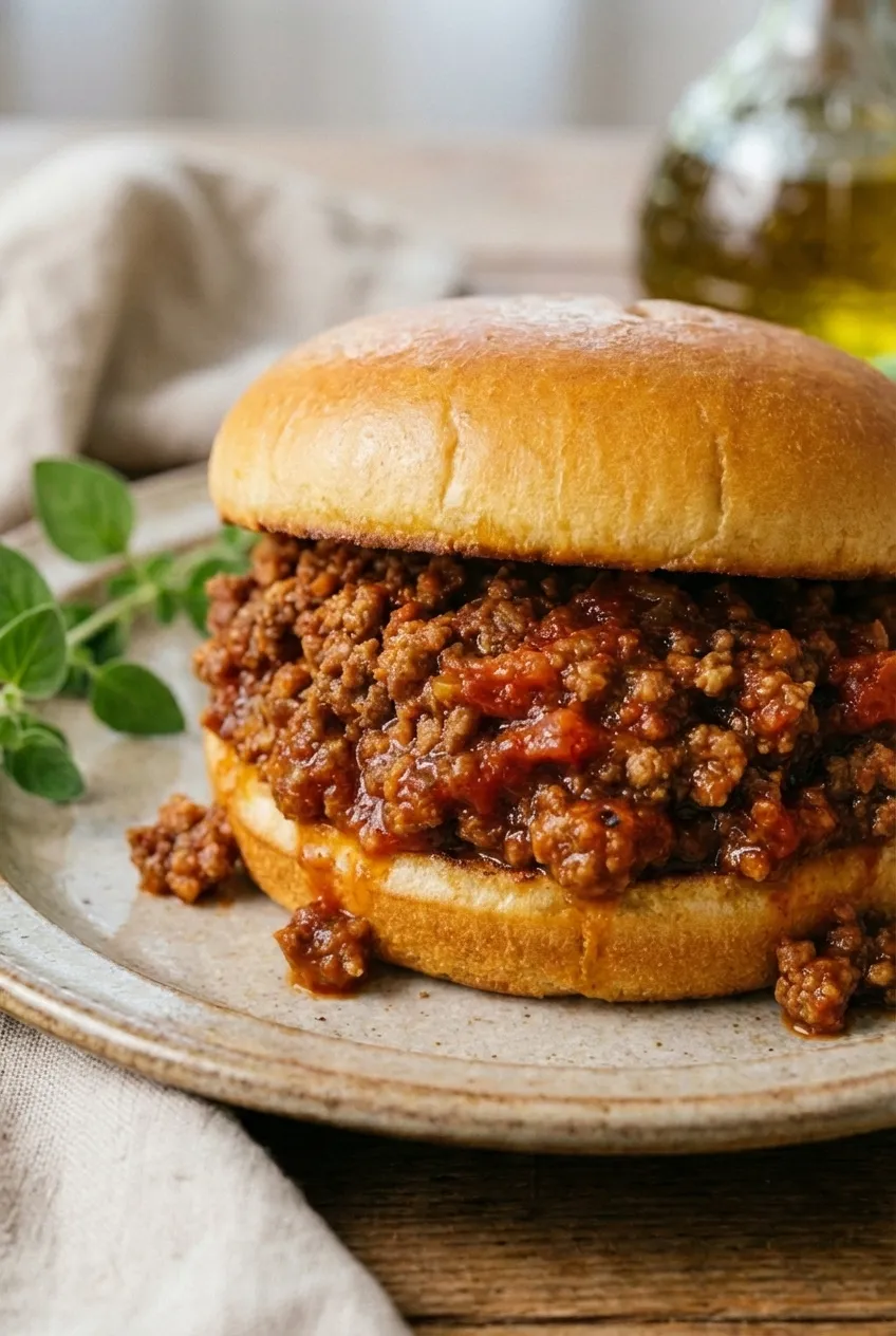Classic sloppy joes meat mixture with peppers and onions simmering in a black cast-iron skillet.