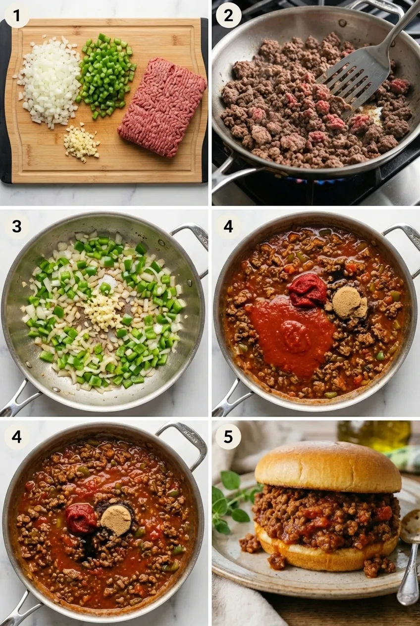 Classic sloppy joes meat mixture with peppers and onions simmering in a black cast-iron skillet.