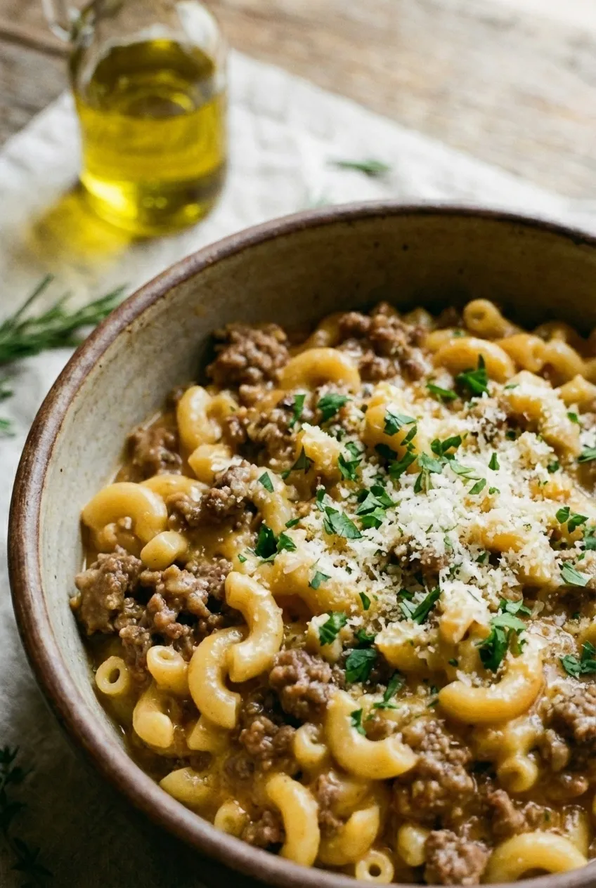 A large skillet of homemade hamburger helper with creamy cheddar sauce, ground beef, and macaroni, garnished with parsley.