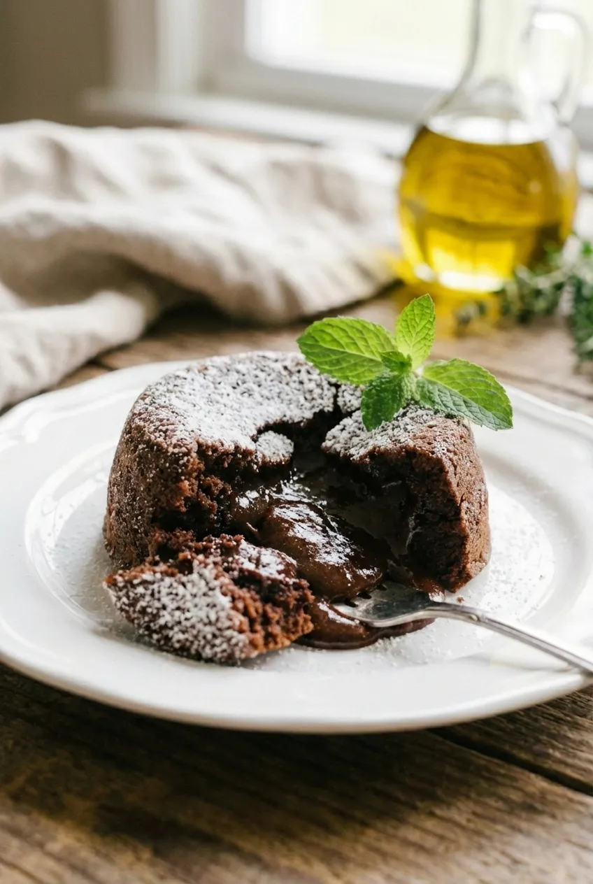 A molten chocolate lava cake on a white plate, cut open to show the gooey liquid center, garnished with fresh mint.