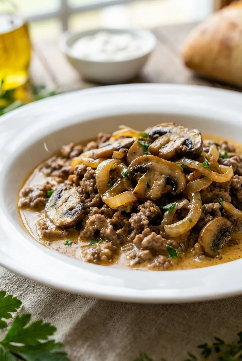 A skillet of creamy ground beef stroganoff with mushrooms, with a portion served over egg noodles in a white bowl.