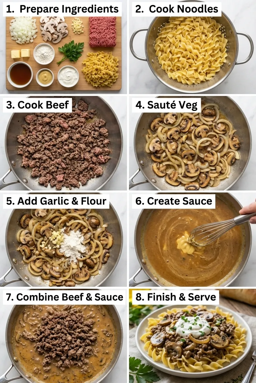 A skillet of creamy ground beef stroganoff with mushrooms, with a portion served over egg noodles in a white bowl.