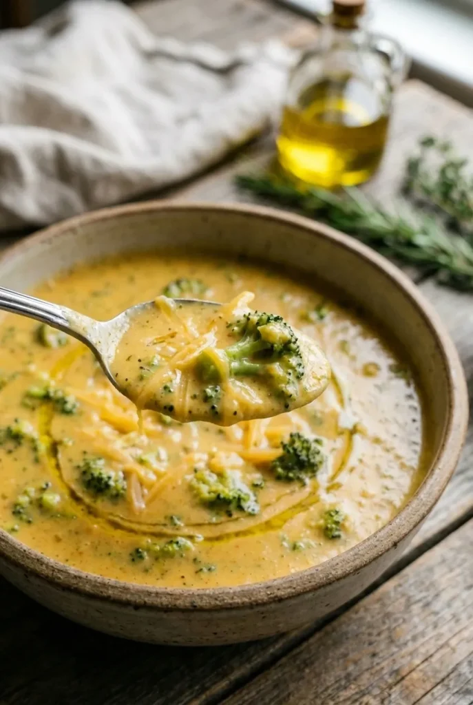 A close-up shot of a white bowl filled with creamy broccoli cheddar soup, topped with extra shredded cheddar.