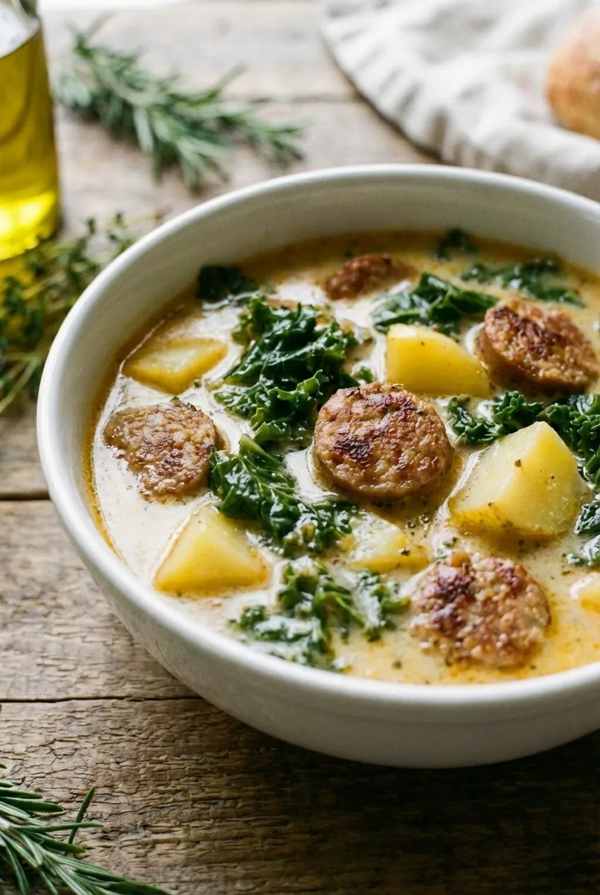 A white bowl of creamy Zuppa Toscana with sausage, potatoes, and kale, seen from the side.