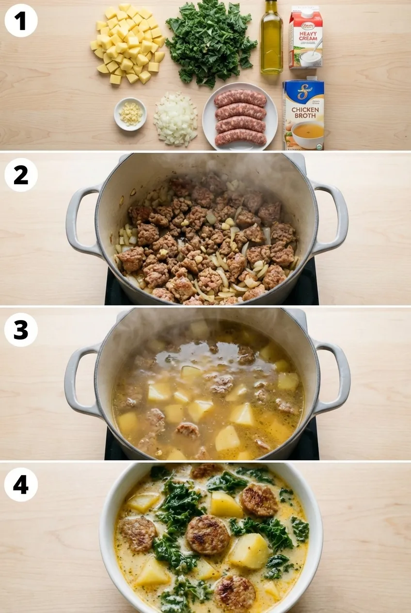 A white bowl of creamy Zuppa Toscana with sausage, potatoes, and kale, seen from the side.