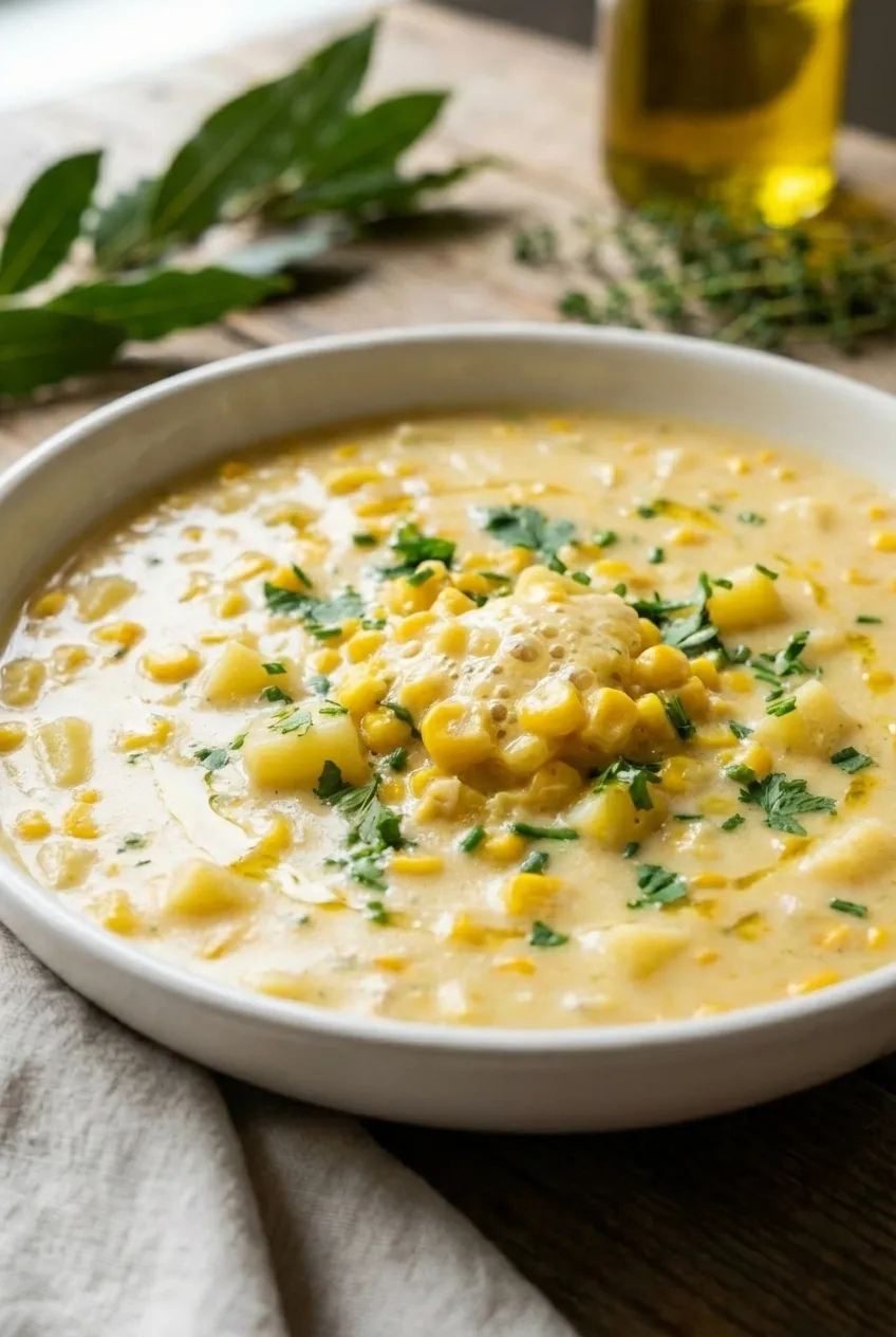 A white bowl of creamy corn chowder topped with fresh parsley, sitting on a rustic wooden table.
