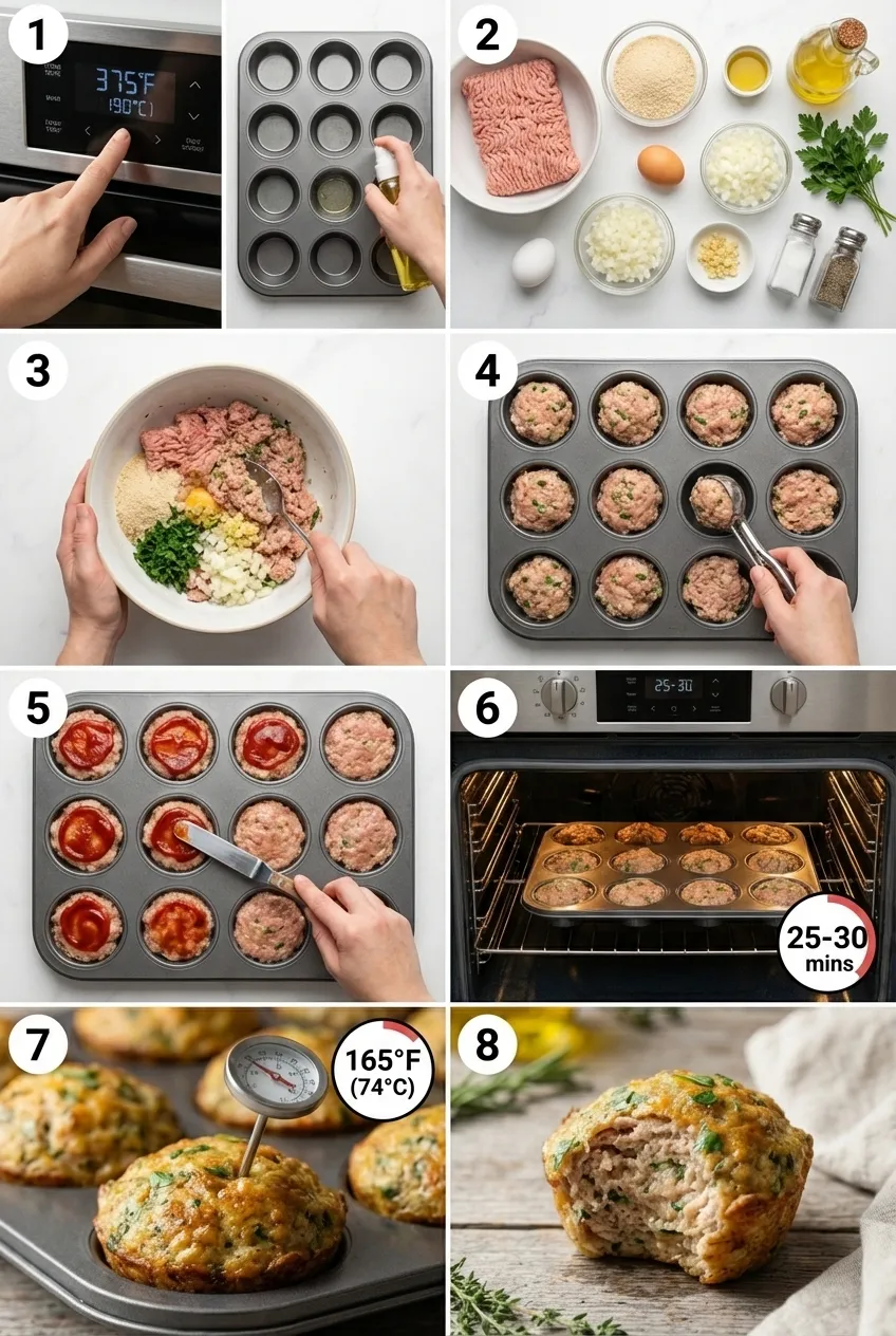 A batch of baked turkey meatloaf muffins with ketchup glaze in a metal muffin tin, viewed from the side.