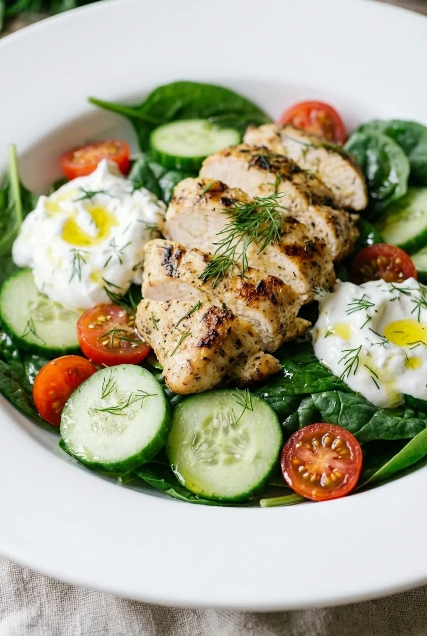 A white bowl filled with Greek yogurt chicken salad, showing grilled chicken strips, spinach, tomatoes, and cucumber.