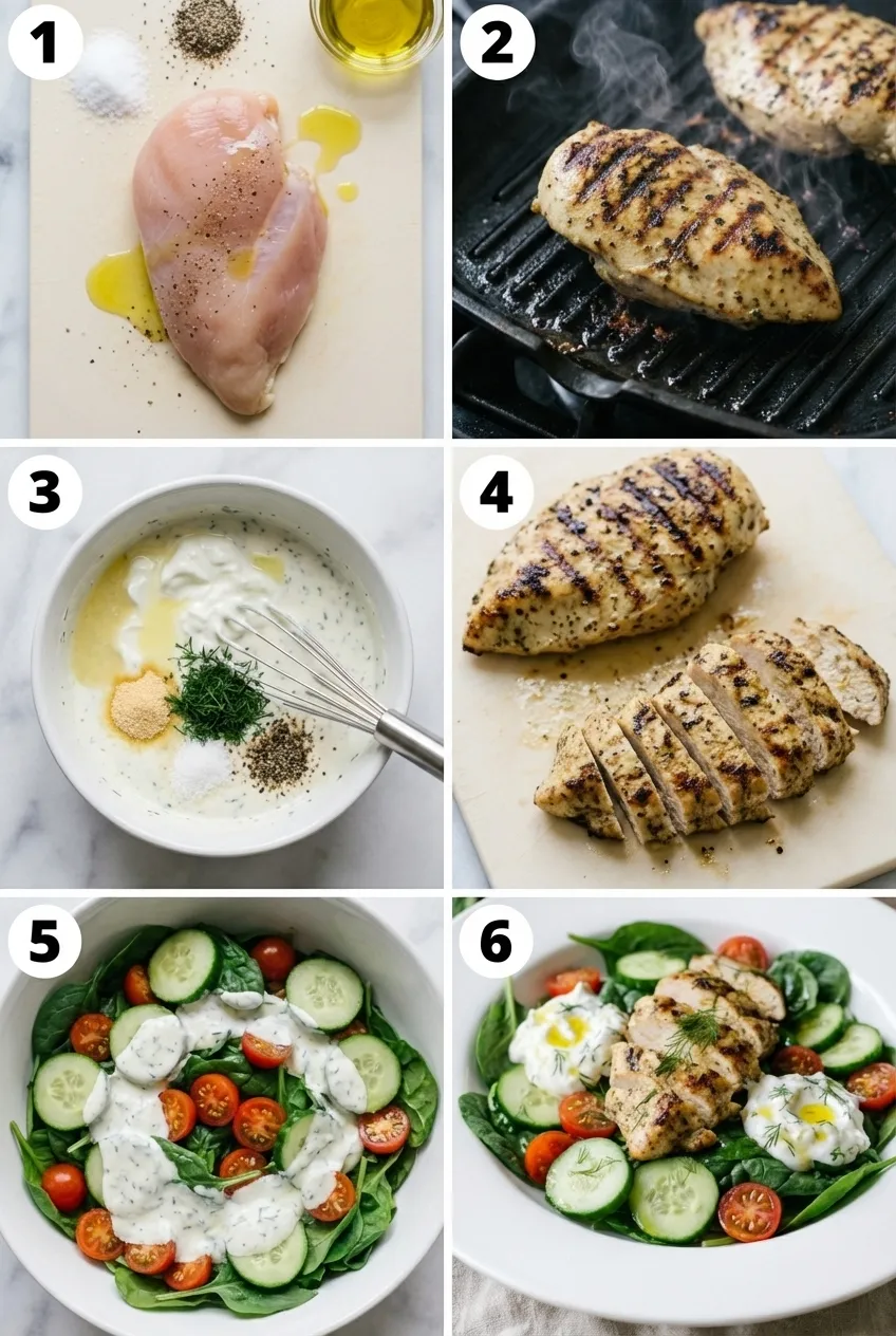 A white bowl filled with Greek yogurt chicken salad, showing grilled chicken strips, spinach, tomatoes, and cucumber.