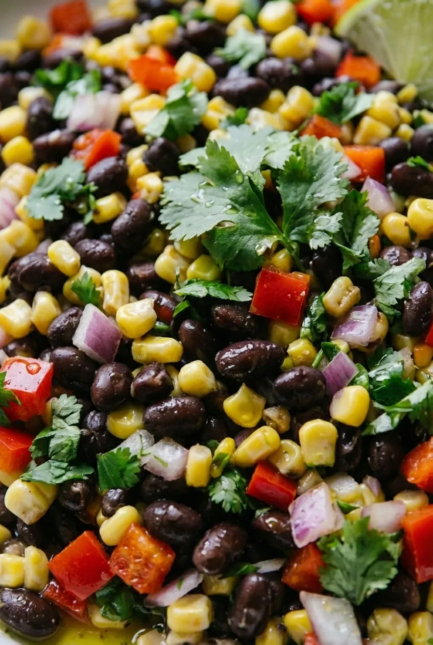 A large white bowl of black bean and corn salad with red bell pepper, red onion, and fresh cilantro.