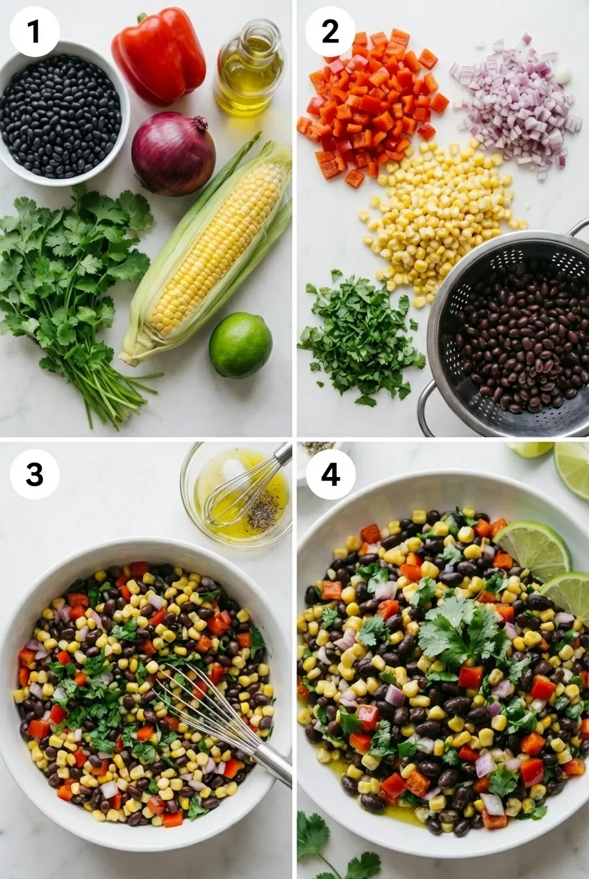 A large white bowl of black bean and corn salad with red bell pepper, red onion, and fresh cilantro.