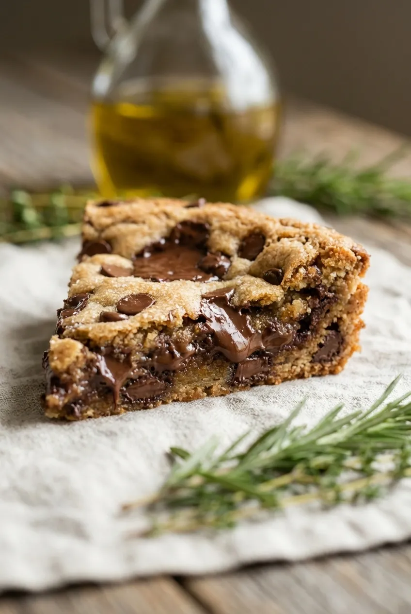 A large chocolate chip cookie baked in a black cast-iron skillet, cut into slices.