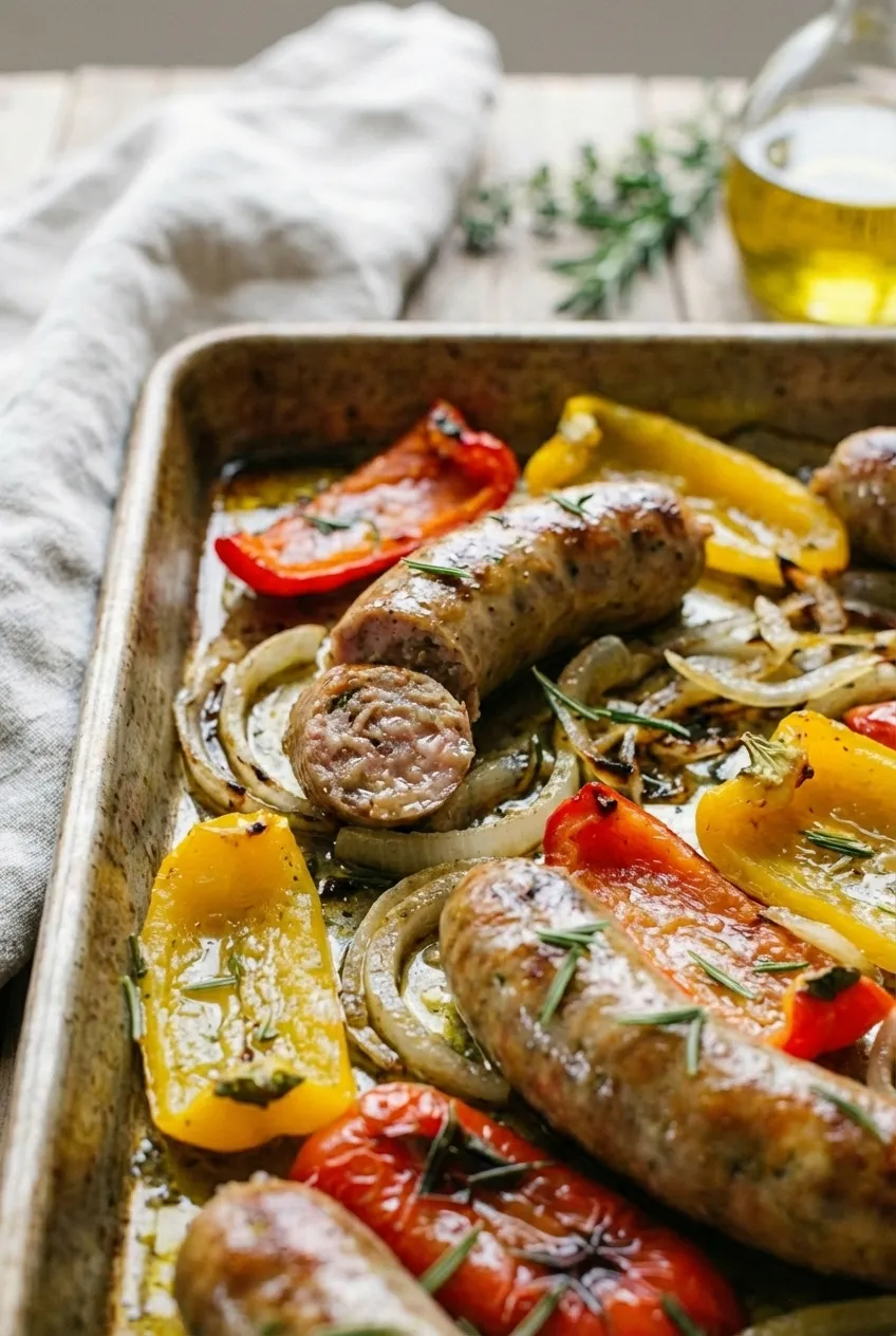 Sheet pan with roasted Italian sausage, sliced red and yellow bell peppers, and red onions, viewed from above.