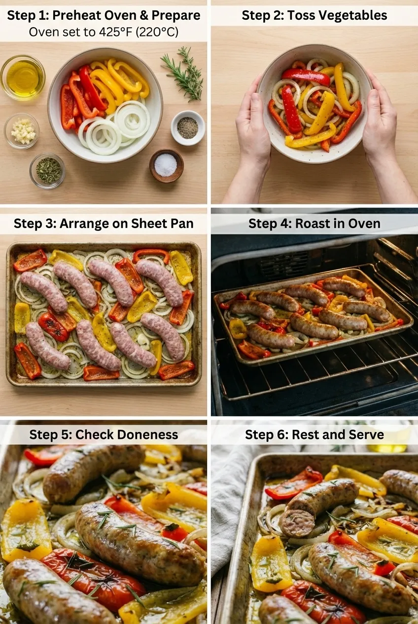Sheet pan with roasted Italian sausage, sliced red and yellow bell peppers, and red onions, viewed from above.