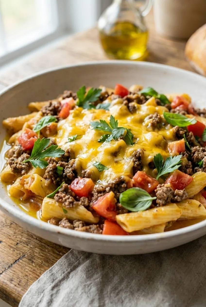 A large skillet filled with one-pot cheeseburger pasta, topped with melted cheddar cheese and fresh herbs.