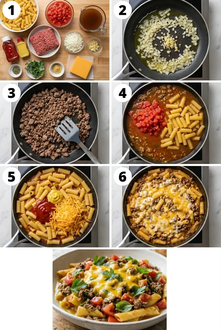 A large skillet filled with one-pot cheeseburger pasta, topped with melted cheddar cheese and fresh herbs.