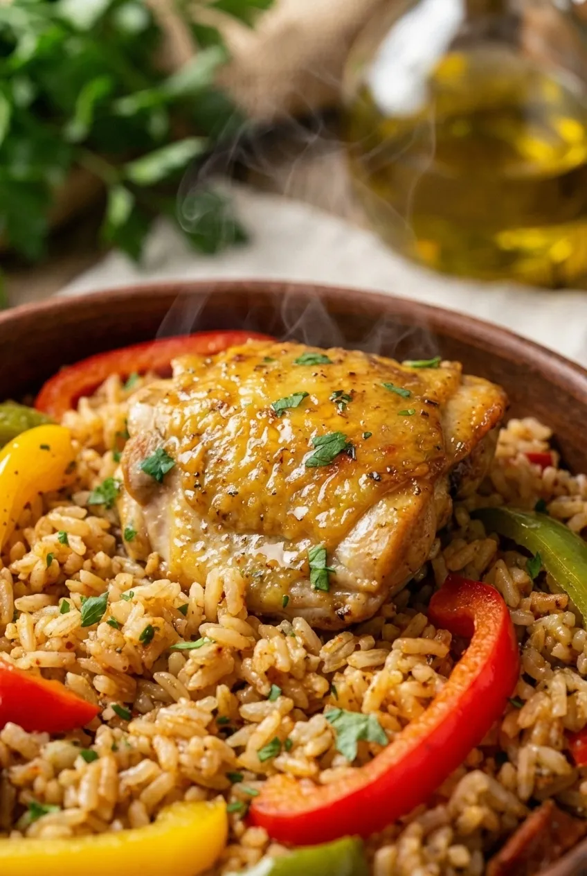 A large black skillet filled with chicken and sausage jambalaya, with rice, tomatoes, and peppers visible.