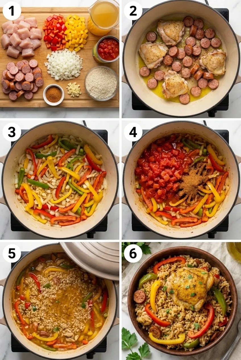 A large black skillet filled with chicken and sausage jambalaya, with rice, tomatoes, and peppers visible.