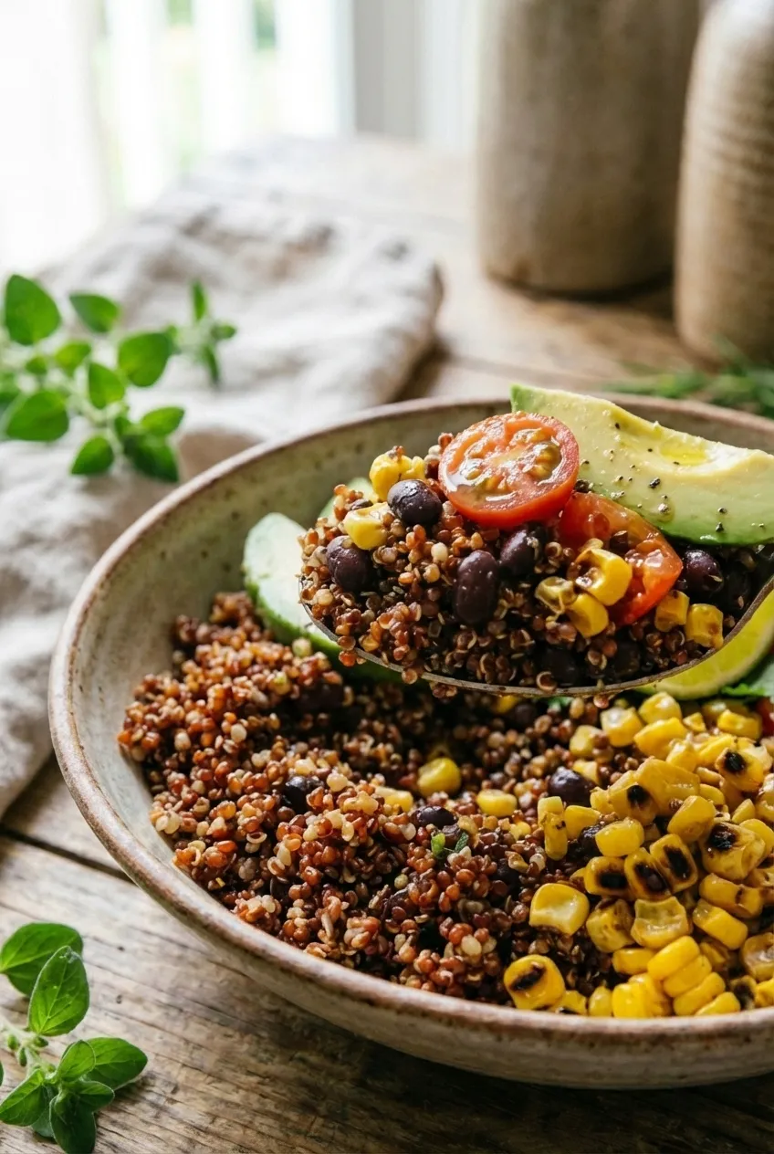 An overhead shot of a large skillet filled with one-pan Mexican quinoa, topped with fresh avocado and cilantro.