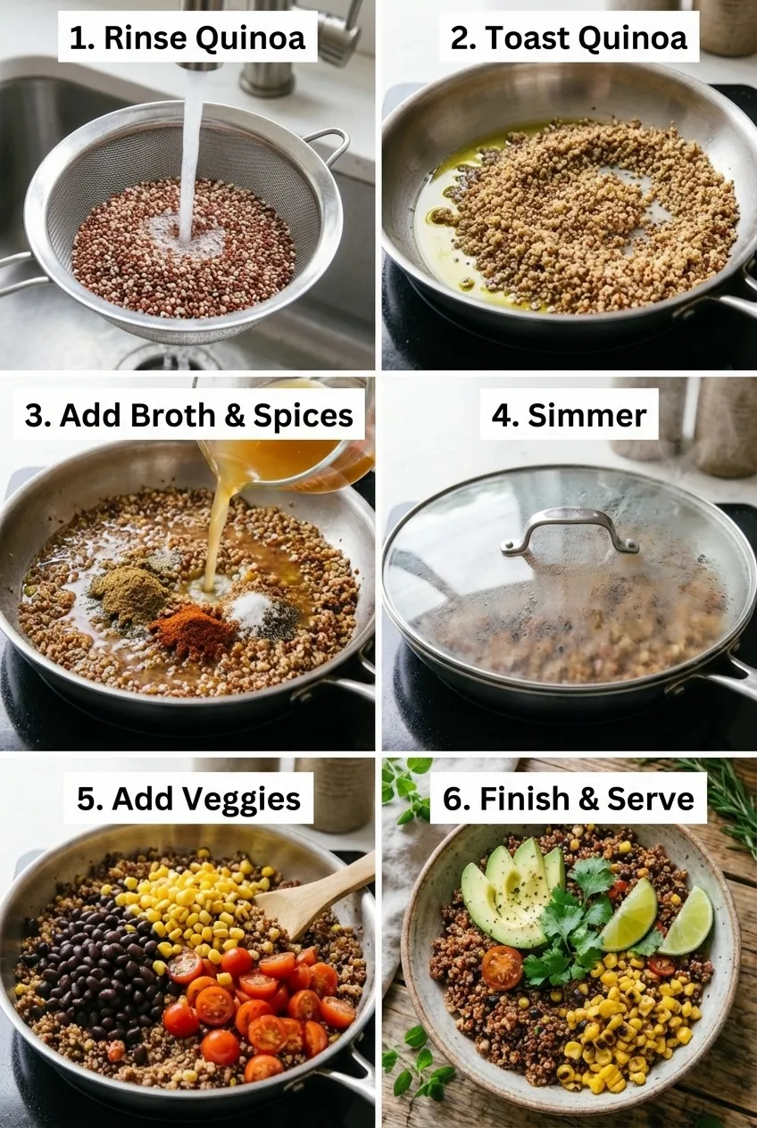 An overhead shot of a large skillet filled with one-pan Mexican quinoa, topped with fresh avocado and cilantro.