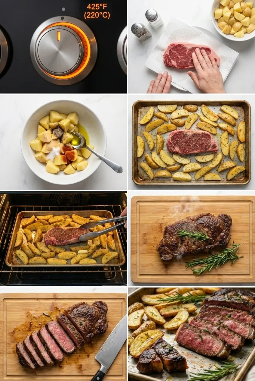 Sheet pan steak and potatoes, freshly roasted, with sliced sirloin steak and golden brown potatoes garnished with parsley.