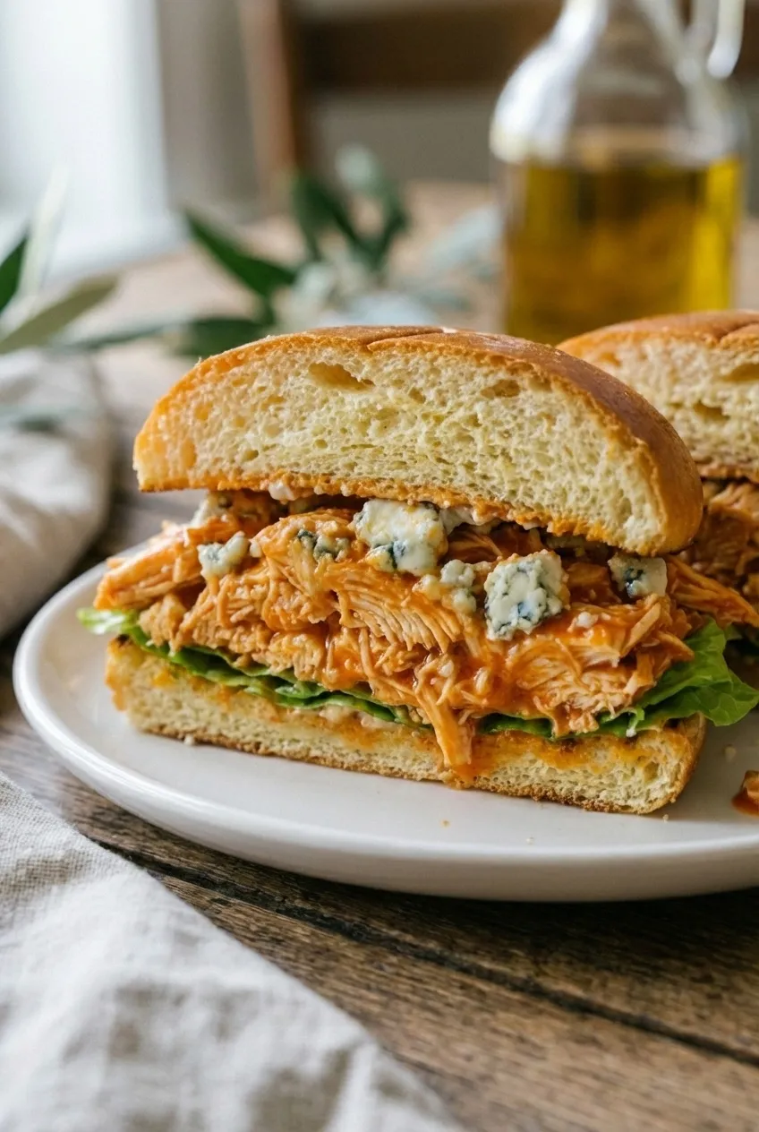 A Crockpot Buffalo Chicken Sandwich on a toasted bun with lettuce and blue cheese crumbles on a plate.