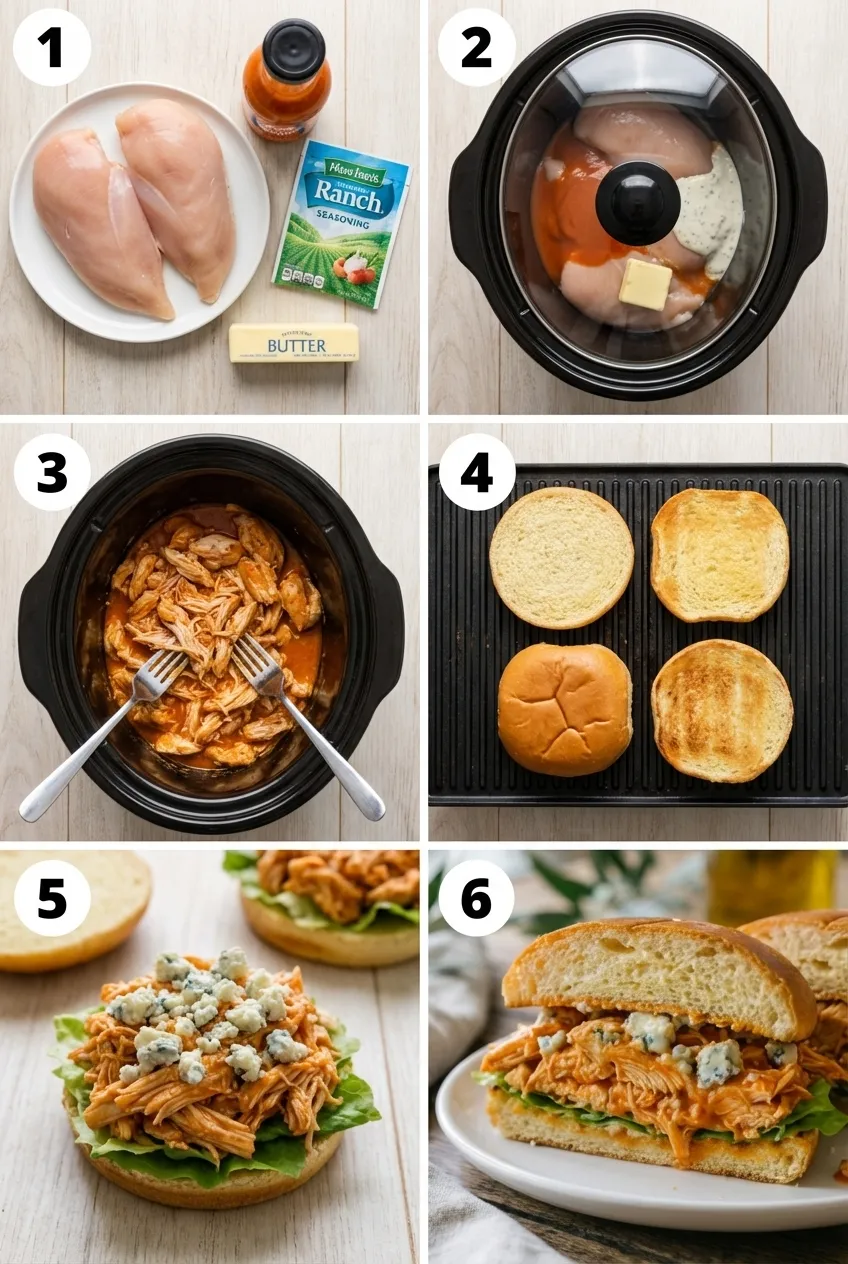 A Crockpot Buffalo Chicken Sandwich on a toasted bun with lettuce and blue cheese crumbles on a plate.